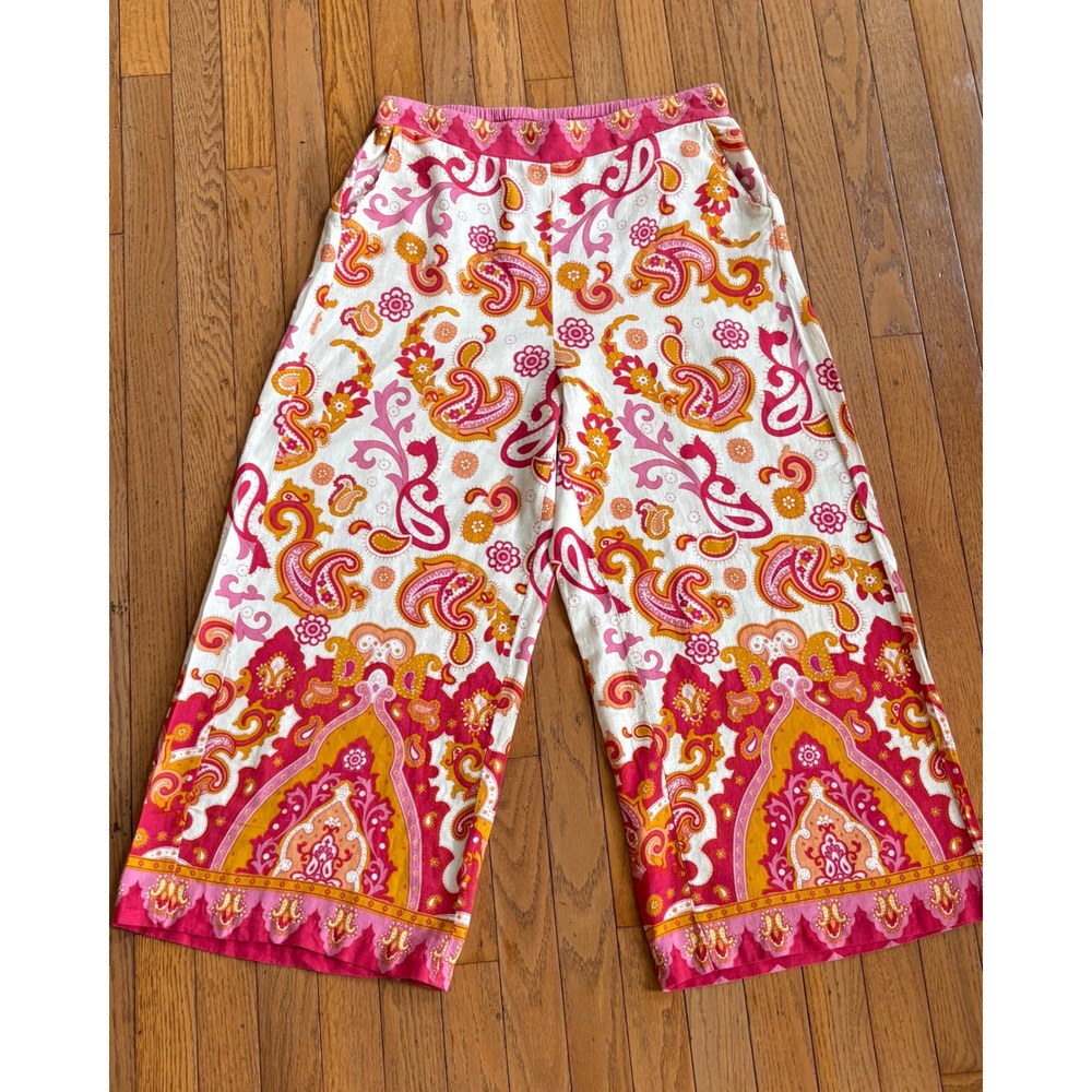 Haute Hippie Linen Blend Pants Paisley Boho Wide Leg Large Cottagecore Coastal